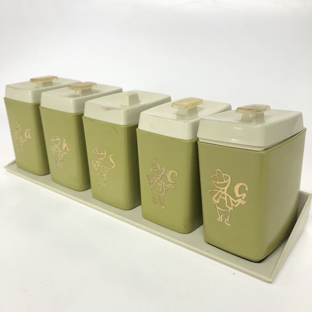 CANNISTER SET, 1960s Olive Green w Tray Base (Set of 5) 